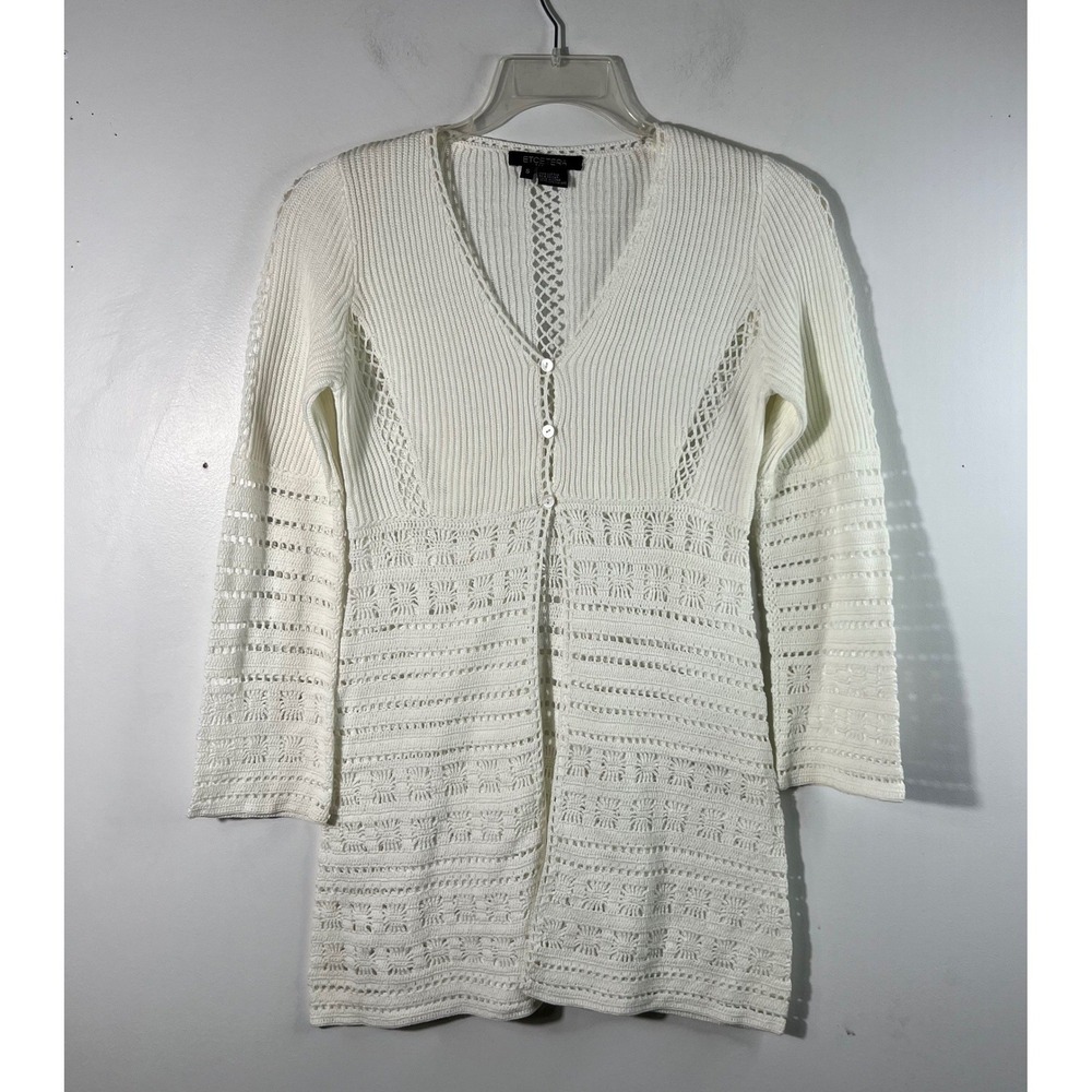 Womens Etcetera V Neck Knit Crochet Cut Out Cardigan White S NWOT Boho Retro‎